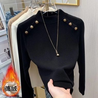 Áo sơ mi cơ bản giữ nhiệt cổ lọ nữ dáng ôm, lót fleece mùa thu đông, thời trang 3