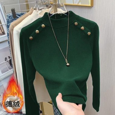 Áo sơ mi cơ bản giữ nhiệt cổ lọ nữ dáng ôm, lót fleece mùa thu đông, thời trang 4