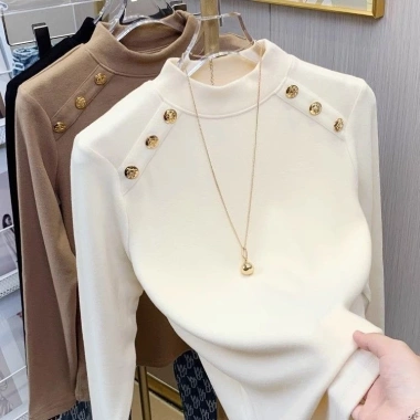 Áo sơ mi cơ bản giữ nhiệt cổ lọ nữ dáng ôm, lót fleece mùa thu đông, thời trang 6