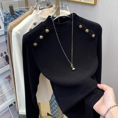 Áo sơ mi cơ bản giữ nhiệt cổ lọ nữ dáng ôm, lót fleece mùa thu đông, thời trang 9