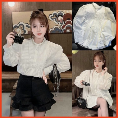 Áo sơ mi cổ đá xếp ly ngực dài tay bo babydoll giấu quần xinh xắn tiểu thư Giá 174k