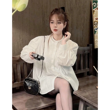 Áo sơ mi cổ đá xếp ly ngực dài tay bo babydoll giấu quần xinh xắn tiểu thư Giá 174k