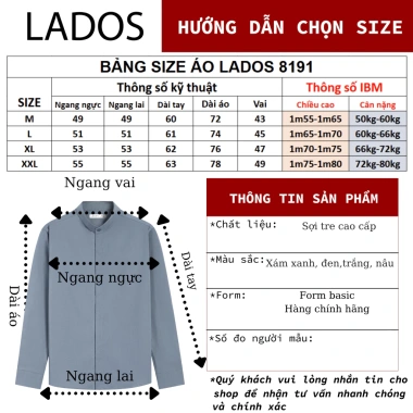 Áo Sơ Mi Cổ Tàu Giấu Cúc Dài Tay Nam LADOS-8.191 Vải Sợi Tre Mềm Mịn Thoáng Mát Công Sở 244k