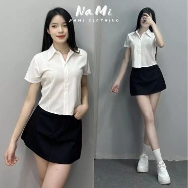 Áo sơ mi cộc tay nữ croptop NaMi chất Kate lụa mềm mại, size lớn trắng, giảm còn 99.000đ 3