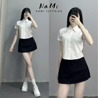 Áo sơ mi cộc tay nữ croptop NaMi chất Kate lụa mềm mại, size lớn trắng, giảm còn 99.000đ 4