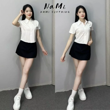 Áo sơ mi cộc tay nữ croptop NaMi chất Kate lụa mềm mại, size lớn trắng, giảm còn 99.000đ 5