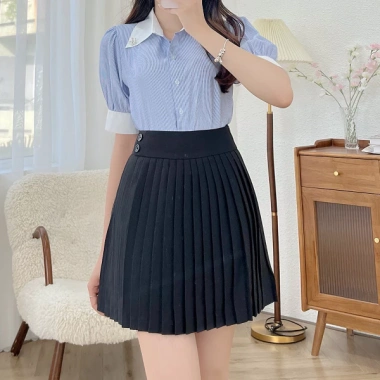 Áo sơ mi công sở cộc tay HINSTORE nữ kẻ ngắn tay, cổ trắng đính tag hoa, 195k 4