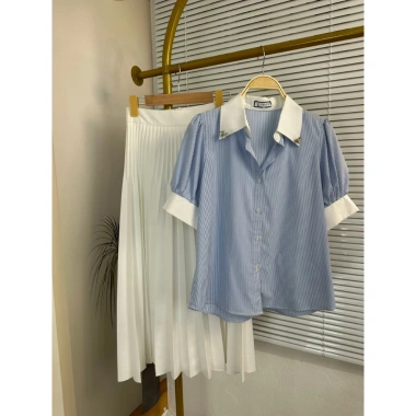 Áo sơ mi công sở cộc tay HINSTORE nữ kẻ ngắn tay, cổ trắng đính tag hoa, 195k 7