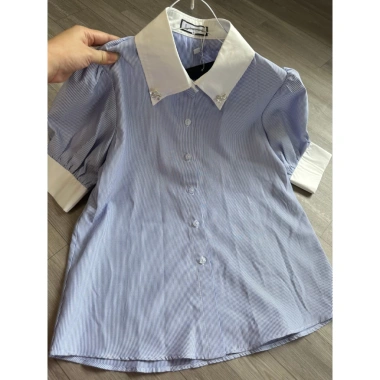 Áo sơ mi công sở cộc tay HINSTORE nữ kẻ ngắn tay, cổ trắng đính tag hoa, 195k 9