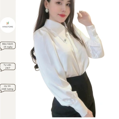 Áo sơ mi công sở nữ HINSTOR lụa cao cấp cổ lá nhọn tay bồng đính hoa cúc ngọc - Giá ưu đãi 199k