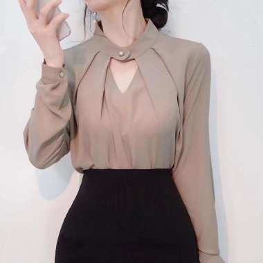 Áo sơ mi công sở nữ lụa tay bồng dài, cổ xoắn sang trọng, giảm giá 19.560₫