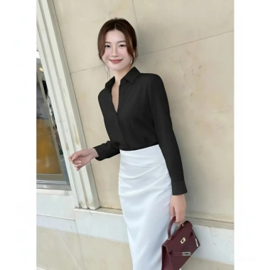Áo sơ mi công sở nữ thanh lịch cổ đức dài tay chất cát hàn chống nhăn thoáng khí - 200k