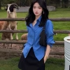 Áo sơ mi công sở xanh côban chiết eo, thời trang đi làm và đi chơi, chỉ 119.000₫