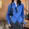 Áo sơ mi công sở xanh côban chiết eo, thời trang đi làm và đi chơi, chỉ 119.000₫ 2