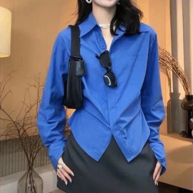 Áo sơ mi công sở xanh côban chiết eo, thời trang đi làm và đi chơi, chỉ 119.000₫ 4