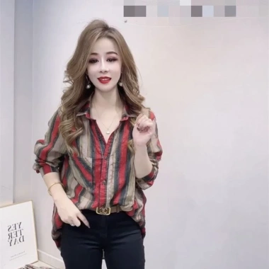 Áo sơ mi dài tay Hàn Quốc xuân hè size lớn rời sọc thời trang nữ đơn giản