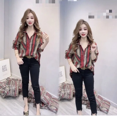 Áo sơ mi dài tay Hàn Quốc xuân hè size lớn rời sọc thời trang nữ đơn giản
