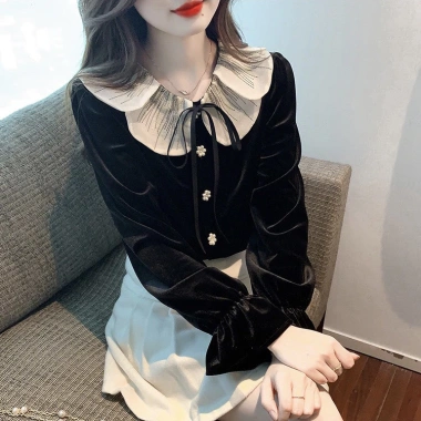 Áo sơ mi dài tay nhung ren cổ Búp Bê kiểu Pháp Âu cao cấp 2.024 nữ thời trang