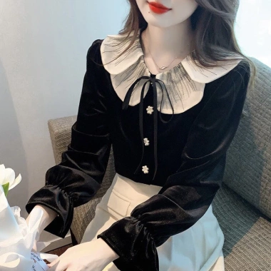 Áo sơ mi dài tay nhung ren cổ Búp Bê kiểu Pháp Âu cao cấp 2.024 nữ thời trang