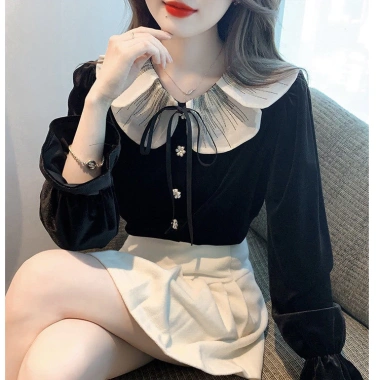 Áo sơ mi dài tay nhung ren cổ Búp Bê kiểu Pháp Âu cao cấp 2.024 nữ thời trang