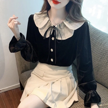 Áo sơ mi dài tay nhung ren cổ Búp Bê kiểu Pháp Âu cao cấp 2.024 nữ thời trang