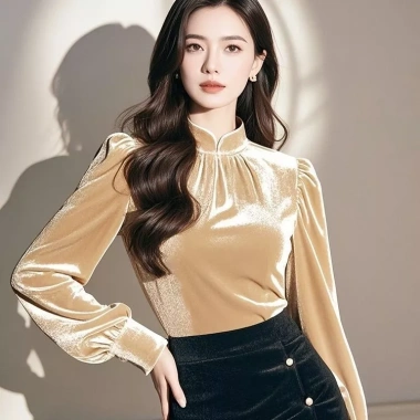 Áo sơ mi dài tay nữ cổ xếp ly nhung, phong cách cung điện thời thượng đầu xuân - chỉ 218.360 VND