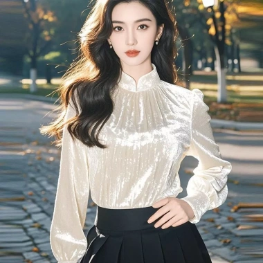 Áo sơ mi dài tay nữ cổ xếp ly nhung, phong cách cung điện thời thượng đầu xuân - chỉ 218.360 VND