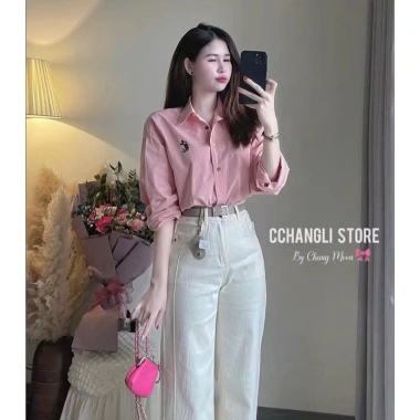 Áo sơ mi dài tay nữ Thanhhuyen - Thêu Mickey, cúc sắc màu, 110k giảm từ 135k