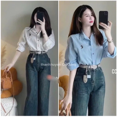 Áo sơ mi dài tay nữ Thanhhuyen - Thêu Mickey, cúc sắc màu, 110k giảm từ 135k