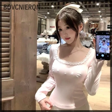Áo sơ mi dài tay thun ren cổ O ngọt ngào cho nữ, có lót ngực, giá ưu đãi 194.724₫ 4