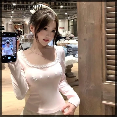 Áo sơ mi dài tay thun ren cổ O ngọt ngào cho nữ, có lót ngực, giá ưu đãi 194.724₫ 10
