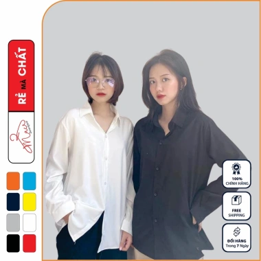 Áo sơ mi dáng rộng unisex dài tay trắng đen cotton lụa - Giá ưu đãi 120k MACboutique