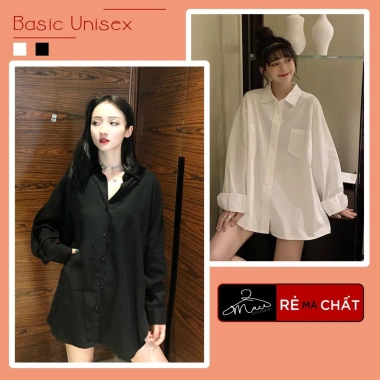Áo sơ mi dáng rộng unisex dài tay trắng đen cotton lụa - Giá ưu đãi 120k MACboutique