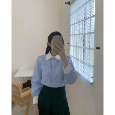 Áo sơ mi HANAA kẻ xanh dài tay nẹp dấu cúc, cổ trắng thanh lịch, mặc đi làm - Giá 188.000 VND