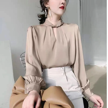 Áo sơ mi HINSTORE công sở nữ lụa tay bồng dài tay cổ xoắn - Giá chỉ 182.000đ