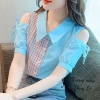 Áo sơ mi hở vai lụa công sở cộc tay cổ đức kiểu Hàn Quốc, vải mềm, nhiều màu, giảm giá 23%