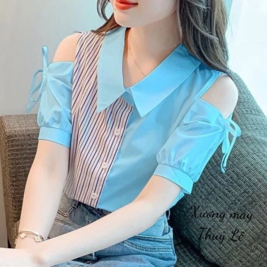 Áo sơ mi hở vai lụa công sở cộc tay cổ đức kiểu Hàn Quốc, vải mềm, nhiều màu, giảm giá 23% 8