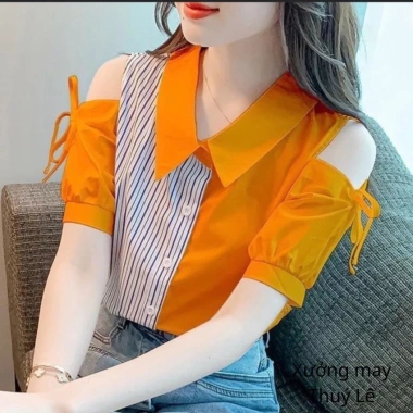 Áo sơ mi hở vai lụa công sở cộc tay cổ đức kiểu Hàn Quốc, vải mềm, nhiều màu, giảm giá 23% 9