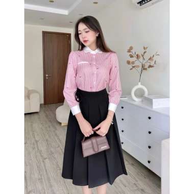 Áo Sơ Mi Kẻ Cổ Sen Dài Tay MINZ STORE 8.043 - Họa Tiết Nơ Công Sở Giá 250.000