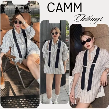 Áo sơ mi kẻ nữ dài tay cổ kẻ cà vạt form rộng phong cách Hàn Quốc chất thô 239k