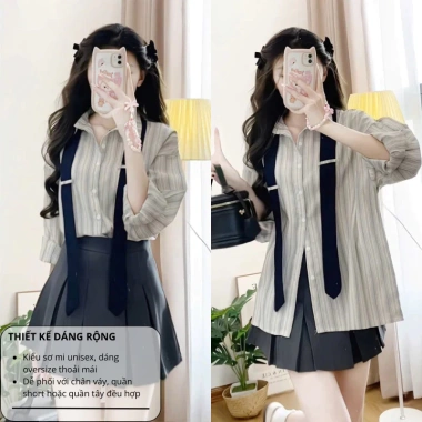 Áo sơ mi kẻ nữ dài tay cổ kẻ cà vạt form rộng phong cách Hàn Quốc chất thô 239k 2 Áo sơ mi kẻ nữ dài tay cổ kẻ cà vạt form rộng phong cách Hàn Quốc chất thô 239k 2