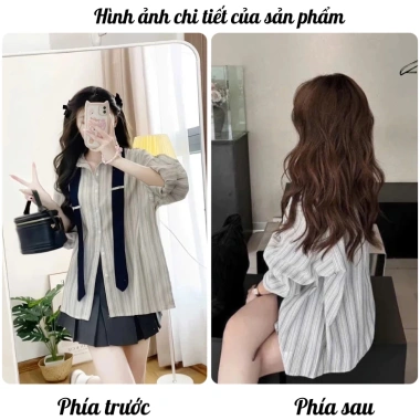 Áo sơ mi kẻ nữ dài tay cổ kẻ cà vạt form rộng phong cách Hàn Quốc chất thô 239k