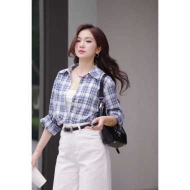 Áo sơ mi LA486 dáng rộng tay dài họa tiết caro kim sa độc đáo: giá 469.440 VND