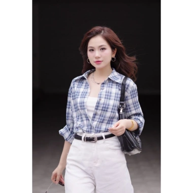 Áo sơ mi LA486 dáng rộng tay dài họa tiết caro kim sa độc đáo: giá 469.440 VND