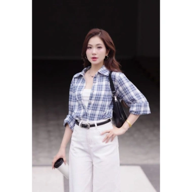 Áo sơ mi LA486 dáng rộng tay dài họa tiết caro kim sa độc đáo: giá 469.440 VND