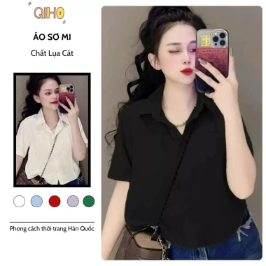 Áo sơ mi lụa croptop tay ngắn, form rộng phong cách Hàn Quốc, nhiều màu, giảm còn 83.202₫ - Qiho Store A24