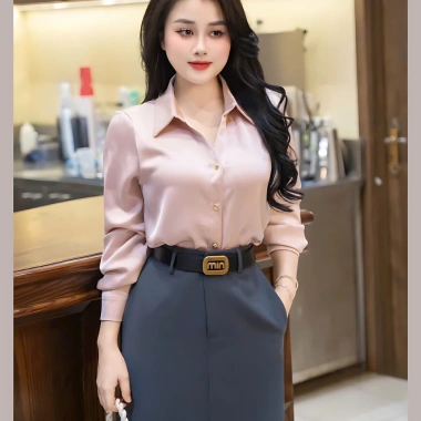 Áo sơ mi lụa dài tay OXATYL A025, vải đanh mịn, cổ V, giảm 18% - 285.000₫