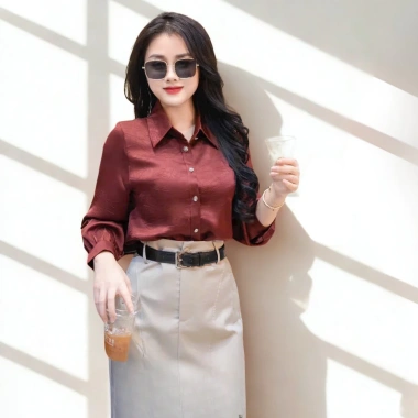 Áo sơ mi lụa dài tay OXATYL A025, vải đanh mịn, cổ V, giảm 18% - 285.000₫