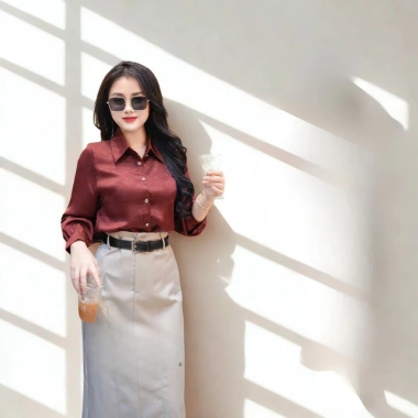 Áo sơ mi lụa dài tay OXATYL A025, vải đanh mịn, cổ V, giảm 18% - 285.000₫