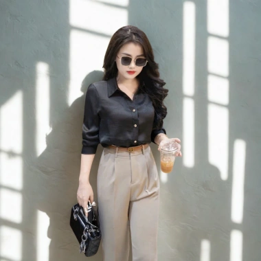 Áo sơ mi lụa dài tay OXATYL A025, vải đanh mịn, cổ V, giảm 18% - 285.000₫